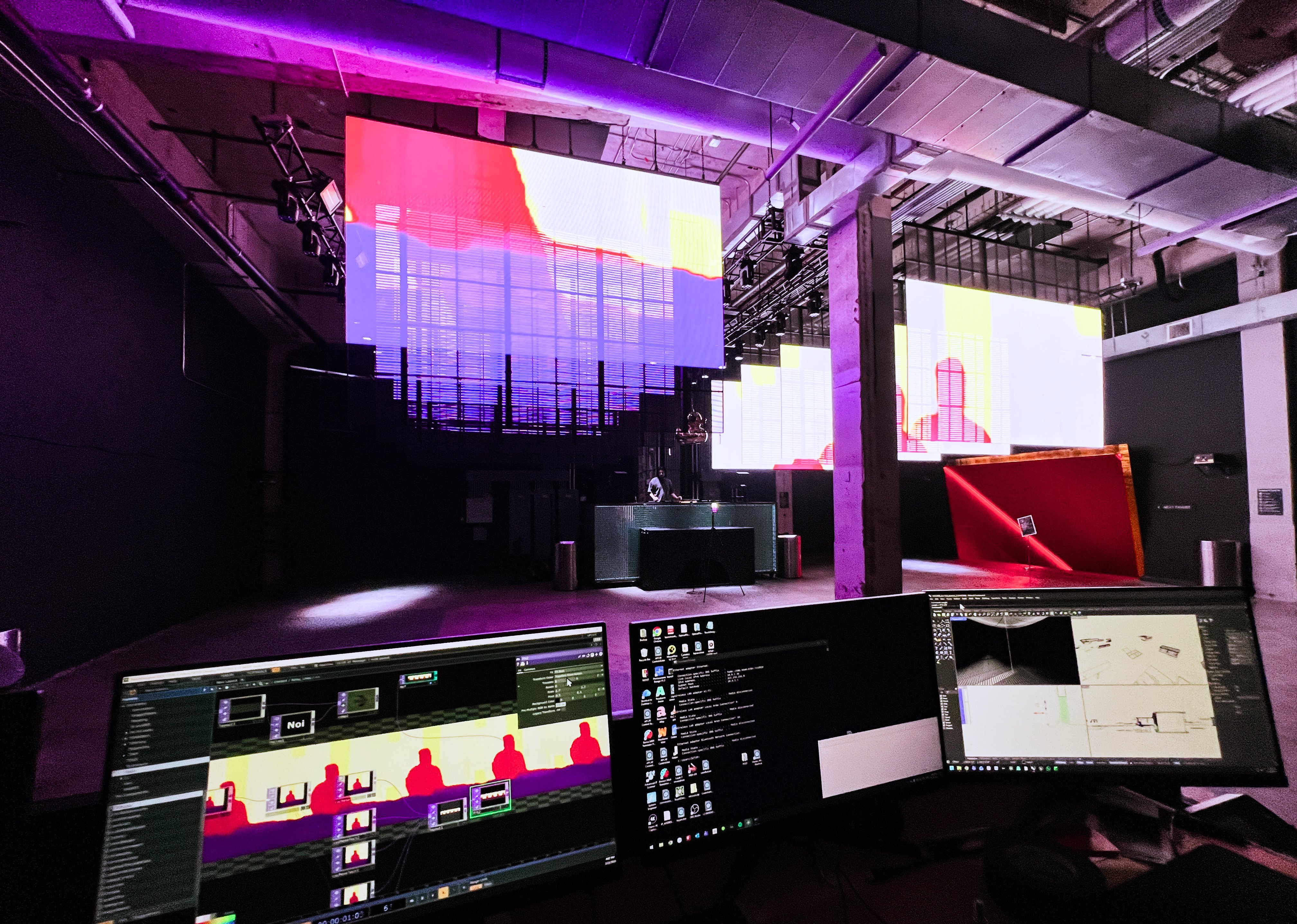 LOTA depth data driving venue-scale LED projections from a multi-monitor control setup